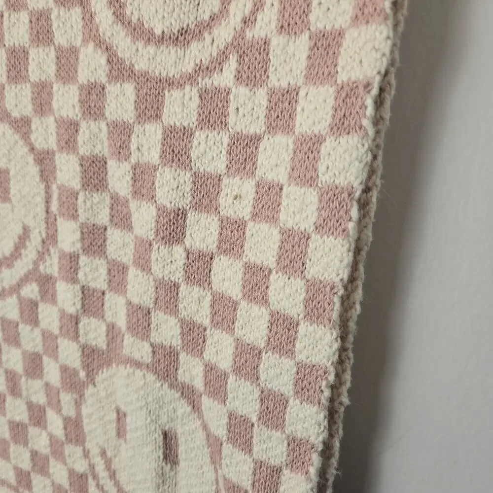 New Tahari 100% Knit Cotton Smiley Face Table Runner Pink Cream Checked 16x72